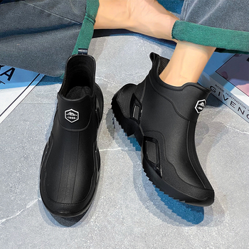 Унисекс дъждовни ботуши със средна височина, водоустойчиви гумени обувки, антихлъзгащи и износоустойчиви, EVA стелка, гумена подметка, нисък ток