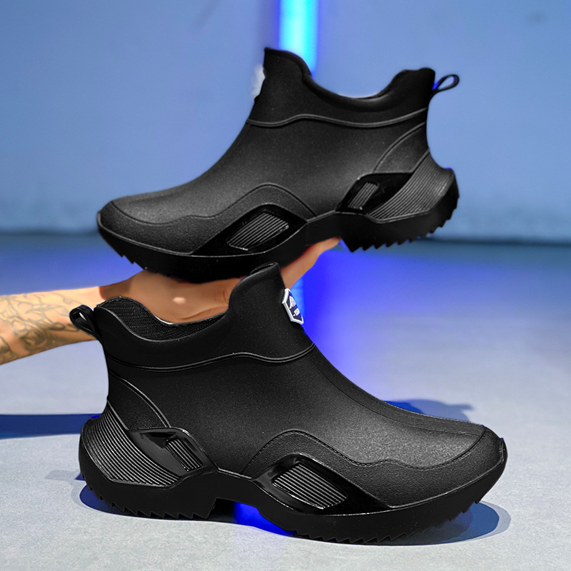 Унисекс дъждовни ботуши със средна височина, водоустойчиви гумени обувки, антихлъзгащи и износоустойчиви, EVA стелка, гумена подметка, нисък ток