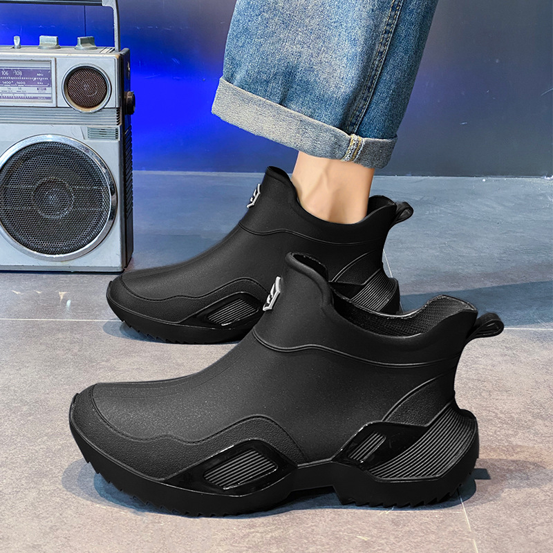 Унисекс дъждовни ботуши със средна височина, водоустойчиви гумени обувки, антихлъзгащи и износоустойчиви, EVA стелка, гумена подметка, нисък ток