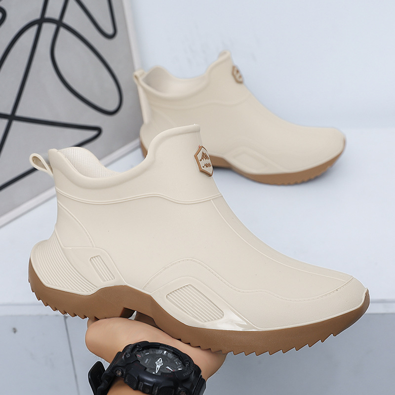 Унисекс дъждовни ботуши със средна височина, водоустойчиви гумени обувки, антихлъзгащи и износоустойчиви, EVA стелка, гумена подметка, нисък ток