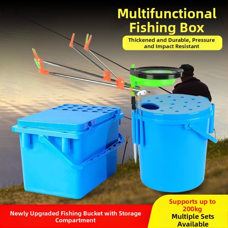 Žvejybos dėžė su integruota sėdyne ir gyvų žuvų kibiru, vientisas kietas korpusas, talpa 80+