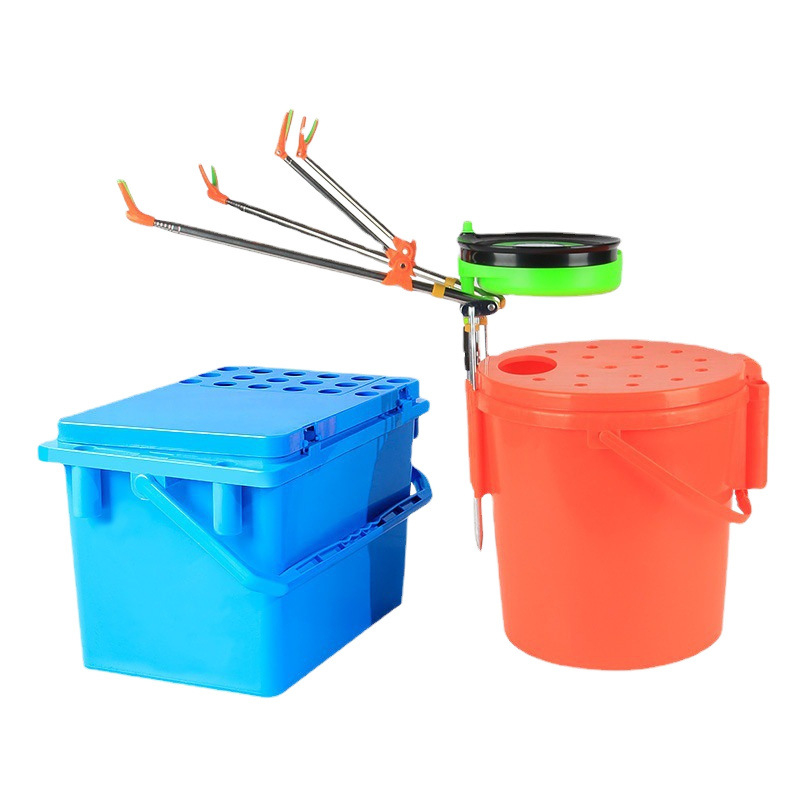 Žvejybos dėžė su integruota sėdyne ir gyvų žuvų kibiru, vientisas kietas korpusas, talpa 80+