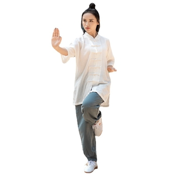 Set Tai Chi - mâneci scurte, unisex, croială lejeră, pentru adulți, antrenament și reprezentații Wu Shu, material din bumbac amestecat cu căptușeală de bumbac