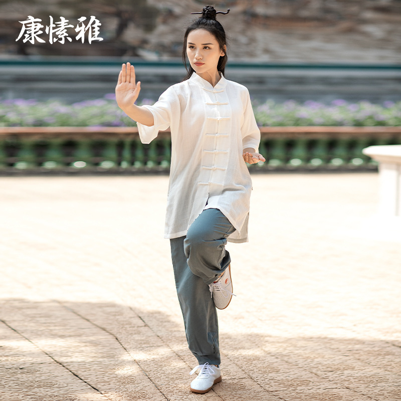 Set Tai Chi - mâneci scurte, unisex, croială lejeră, pentru adulți, antrenament și reprezentații Wu Shu, material din bumbac amestecat cu căptușeală de bumbac