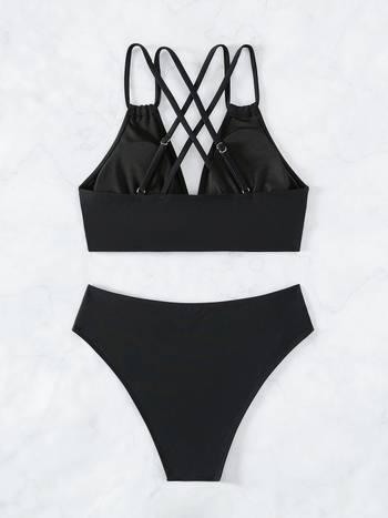Dvije-dijelni bikini s V-dekolteom i otvorenim leđima, s umetkom za poprsje; materijal: 80% najlon; težina tkanine 140 g/m2; podstava 20% najlon