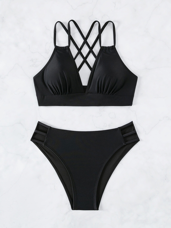 Dvije-dijelni bikini s V-dekolteom i otvorenim leđima, s umetkom za poprsje; materijal: 80% najlon; težina tkanine 140 g/m2; podstava 20% najlon