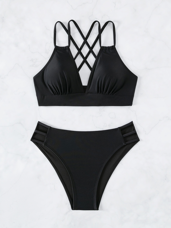 Dvije-dijelni bikini s V-dekolteom i otvorenim leđima, s umetkom za poprsje; materijal: 80% najlon; težina tkanine 140 g/m2; podstava 20% najlon