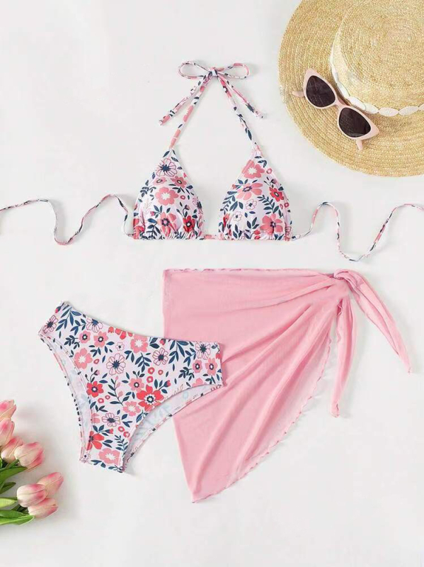 Trodjelni bikini set s floristickim uzorkom, punjeni gornji dio, brzo sušeći poliester, podstava 80%, težina 160 g, visoka elastičnost