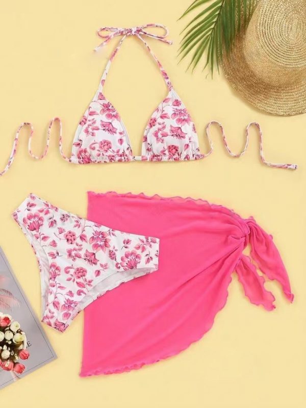 Trodjelni bikini set s floristickim uzorkom, punjeni gornji dio, brzo sušeći poliester, podstava 80%, težina 160 g, visoka elastičnost