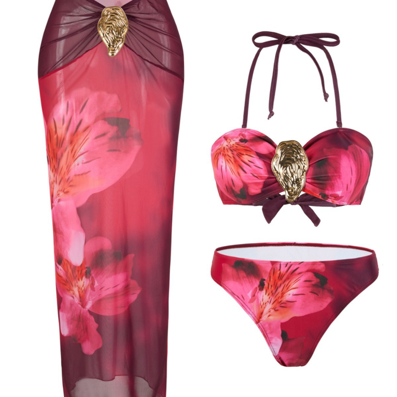 Trodjelni bikini kupaći kostim s suknjom, tie-dye printom, umetci za dojke, poliester 82%, podstava 50%