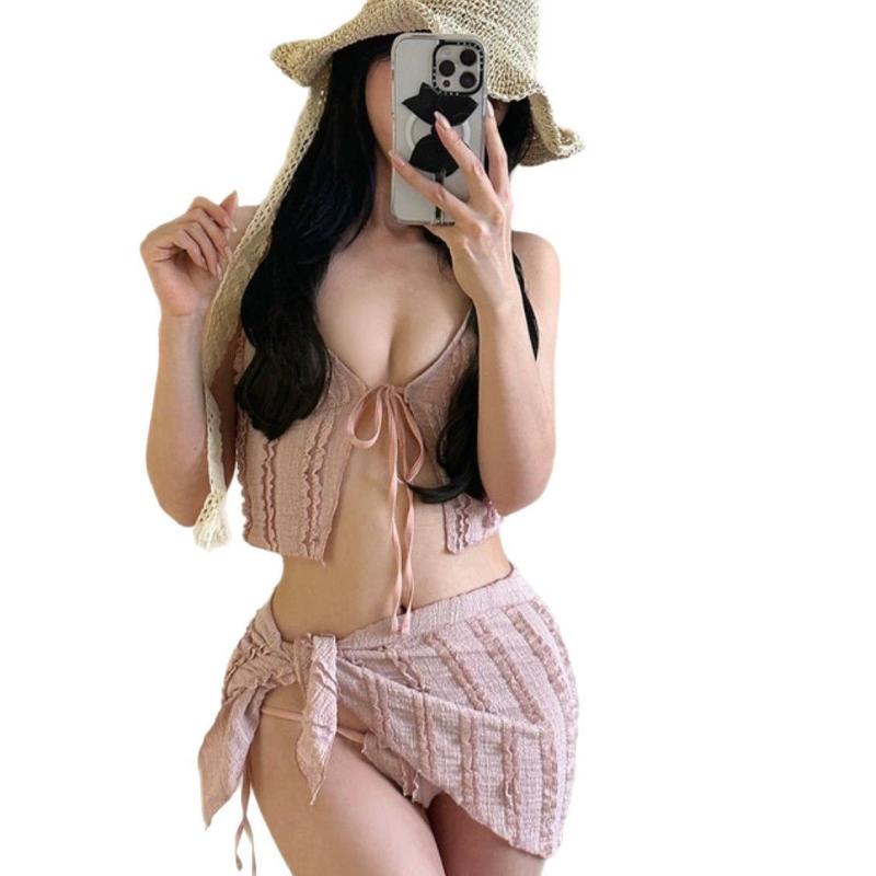 Бикини комплект от три части, корейски стил, бързосъхнещ, с подплънки за гърдите, без метална подпора, 82% полиестер, подплата 95% полиестер