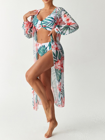 Дамски плувен костюм с дълги ръкави, принт и висока талия, три части; чашки за подплънки, бързо съхнене, висока еластичност