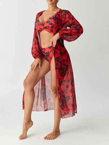 Дамски плувен костюм с дълги ръкави, принт и висока талия, три части; чашки за подплънки, бързо съхнене, висока еластичност