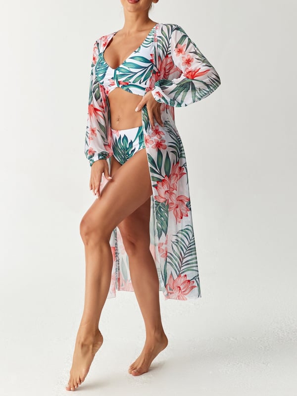 Дамски плувен костюм с дълги ръкави, принт и висока талия, три части; чашки за подплънки, бързо съхнене, висока еластичност