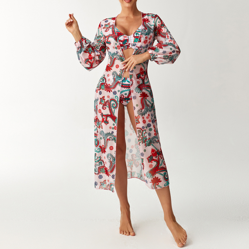 Дамски плувен костюм с дълги ръкави, принт и висока талия, три части; чашки за подплънки, бързо съхнене, висока еластичност