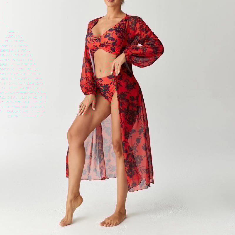 Дамски плувен костюм с дълги ръкави, принт и висока талия, три части; чашки за подплънки, бързо съхнене, висока еластичност