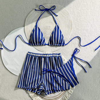 Комплект от три части бански с райета и секси връзки, подплънки за бюст, полиестер 82%, подплата 18% спандекс, за плуване и водни спортове