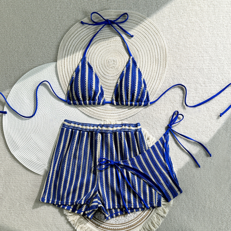 Комплект от три части бански с райета и секси връзки, подплънки за бюст, полиестер 82%, подплата 18% спандекс, за плуване и водни спортове