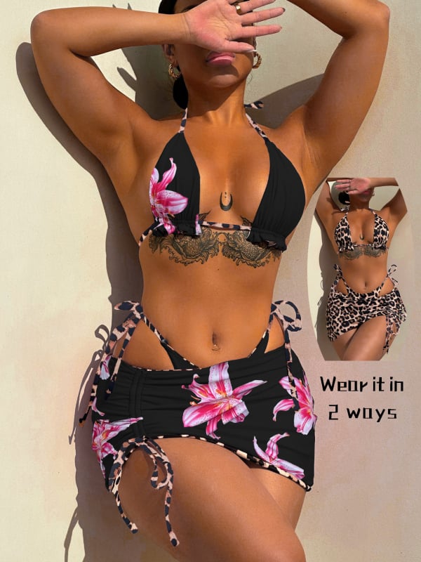 Дамски тричастен бански комплект с принт, секси стил; материя: нейлон със спандекс 82%; подплата: нейлон със спандекс 18%; тегло 250 g; за плуване и водни спортове