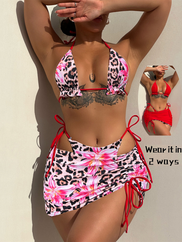 Дамски тричастен бански комплект с принт, секси стил; материя: нейлон със спандекс 82%; подплата: нейлон със спандекс 18%; тегло 250 g; за плуване и водни спортове