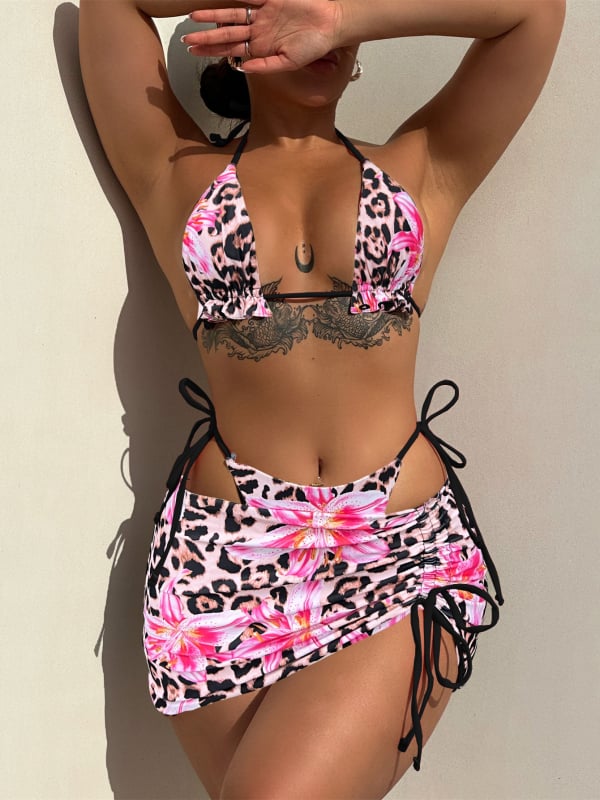 Дамски тричастен бански комплект с принт, секси стил; материя: нейлон със спандекс 82%; подплата: нейлон със спандекс 18%; тегло 250 g; за плуване и водни спортове