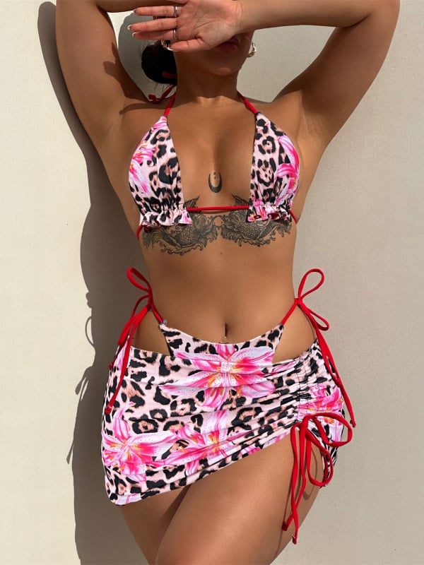 Дамски тричастен бански комплект с принт, секси стил; материя: нейлон със спандекс 82%; подплата: нейлон със спандекс 18%; тегло 250 g; за плуване и водни спортове