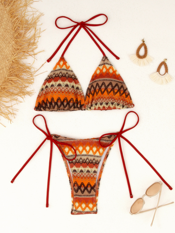 Бикини бански за дами с връзка отзад, райета, подплатени чашки, полиестерна материя