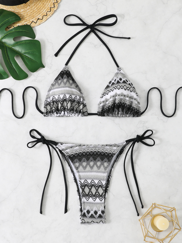 Бикини бански за дами с връзка отзад, райета, подплатени чашки, полиестерна материя