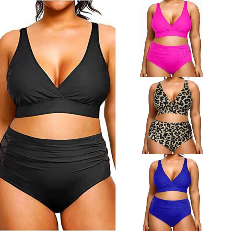 Дамски двучастков плувен костюм с мрежести панели, висока талия, бързосъхнещ полиестер