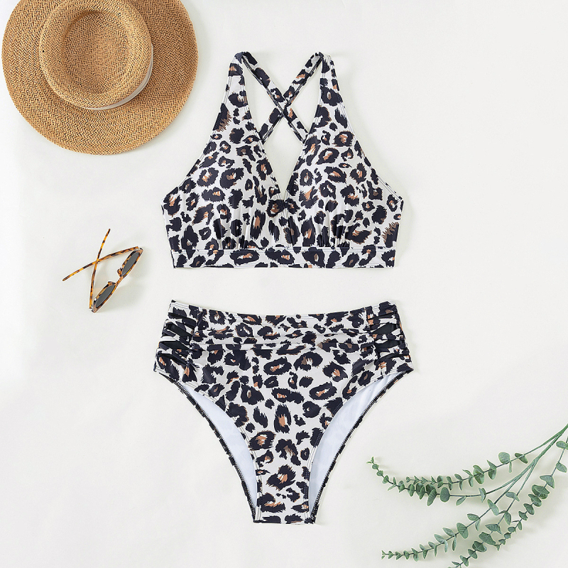 Дамски двучастков плувен костюм с мрежести панели, висока талия, бързосъхнещ полиестер