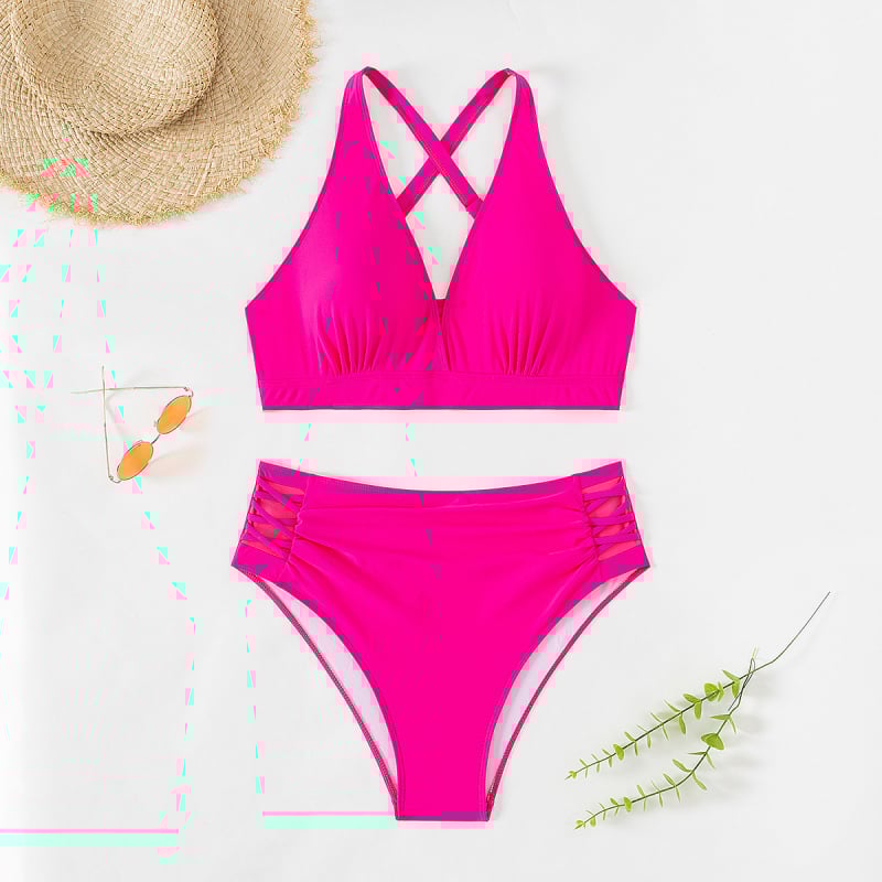 Дамски двучастков плувен костюм с мрежести панели, висока талия, бързосъхнещ полиестер