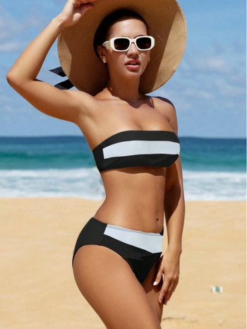 Shengtong Ženski dvodijelni bikini, color-block dizajn, bez naramenica, s podstavljenim gornjim dijelom, brzo se suši
