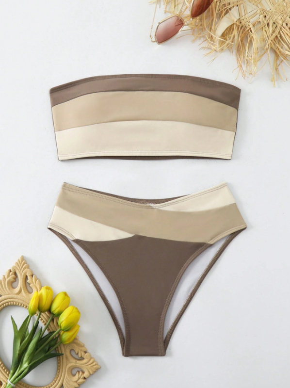 Shengtong Ženski dvodijelni bikini, color-block dizajn, bez naramenica, s podstavljenim gornjim dijelom, brzo se suši