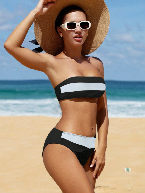 Shengtong Ženski dvodijelni bikini, color-block dizajn, bez naramenica, s podstavljenim gornjim dijelom, brzo se suši