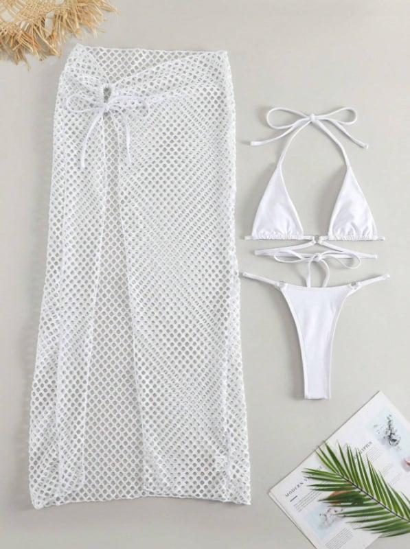 Тричастен дамски бански комплект - найлонова материя, подплънки за бюст, полиестерна подплата, секси стил