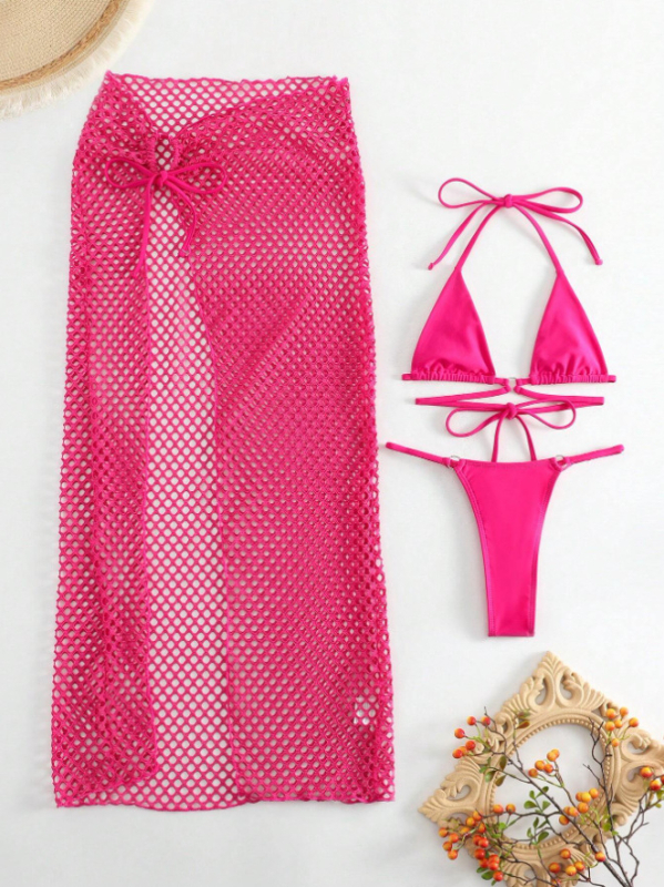 Тричастен дамски бански комплект - найлонова материя, подплънки за бюст, полиестерна подплата, секси стил