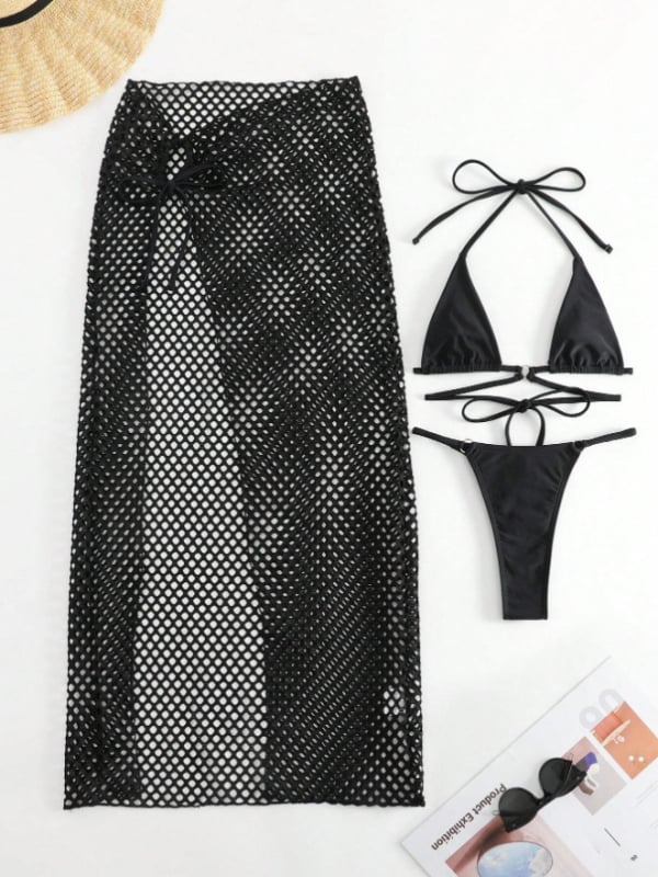 Тричастен дамски бански комплект - найлонова материя, подплънки за бюст, полиестерна подплата, секси стил