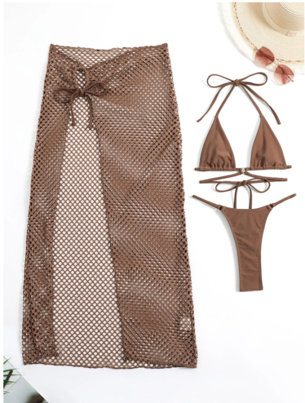 Тричастен дамски бански комплект - найлонова материя, подплънки за бюст, полиестерна подплата, секси стил