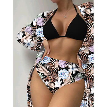 Три части бански комплект с дълъг ръкав — флорален принт, висока еластичност, подплатени гърди, полиестер 85/15, подплата 90/10