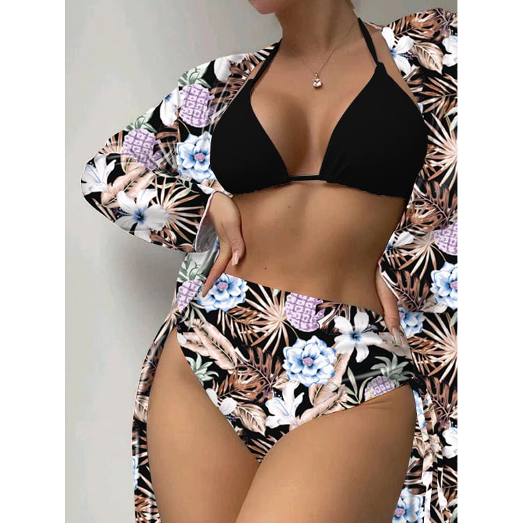 Три части бански комплект с дълъг ръкав — флорален принт, висока еластичност, подплатени гърди, полиестер 85/15, подплата 90/10