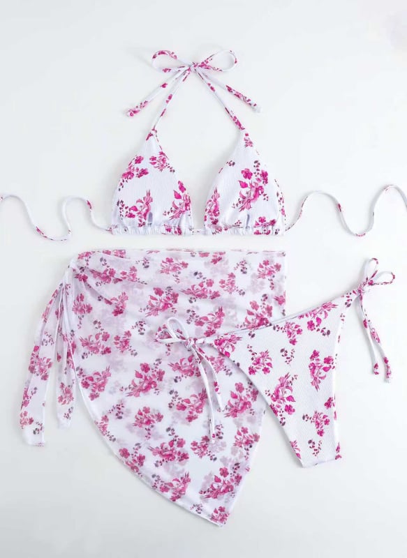 Costum de baie din trei părți, imprimat, cu spate decupat, cu burete pentru bust, 82% poliester, 18% spandex