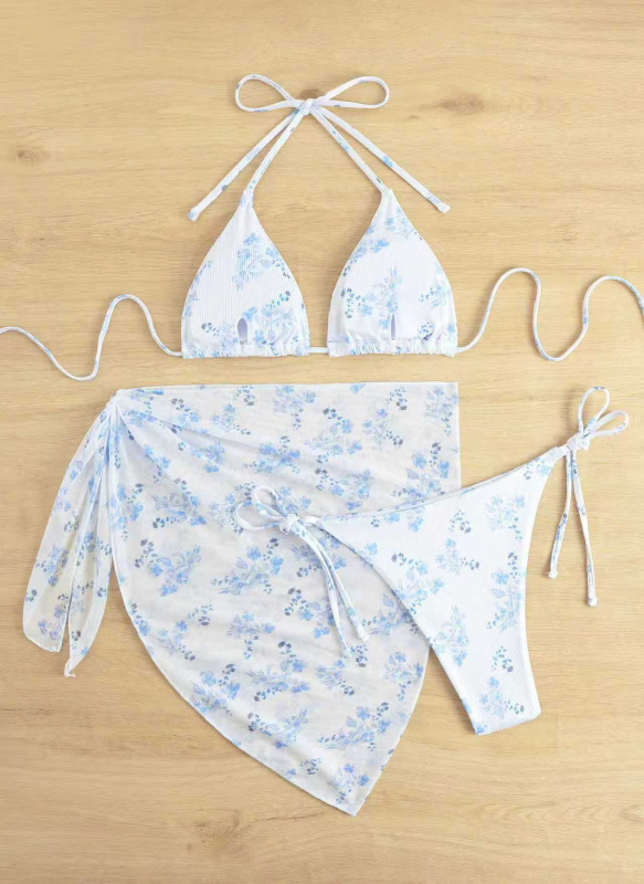 Costum de baie din trei părți, imprimat, cu spate decupat, cu burete pentru bust, 82% poliester, 18% spandex