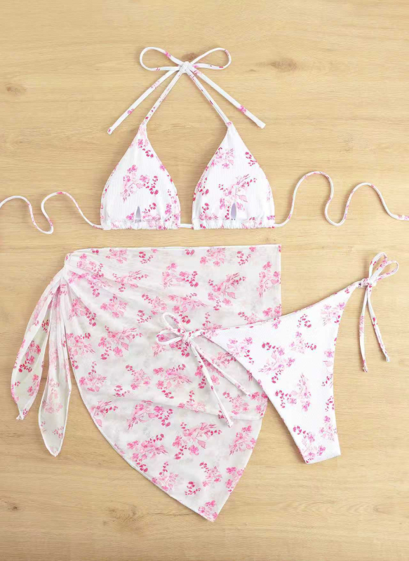 Costum de baie din trei părți, imprimat, cu spate decupat, cu burete pentru bust, 82% poliester, 18% spandex