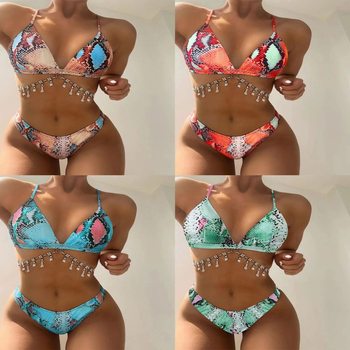 Bikini cu imprimeu piele de șarpe, sexy, două piese, cu bureți pentru bust, material din polyester, căptușeală spandex, greutate 380 g/m²