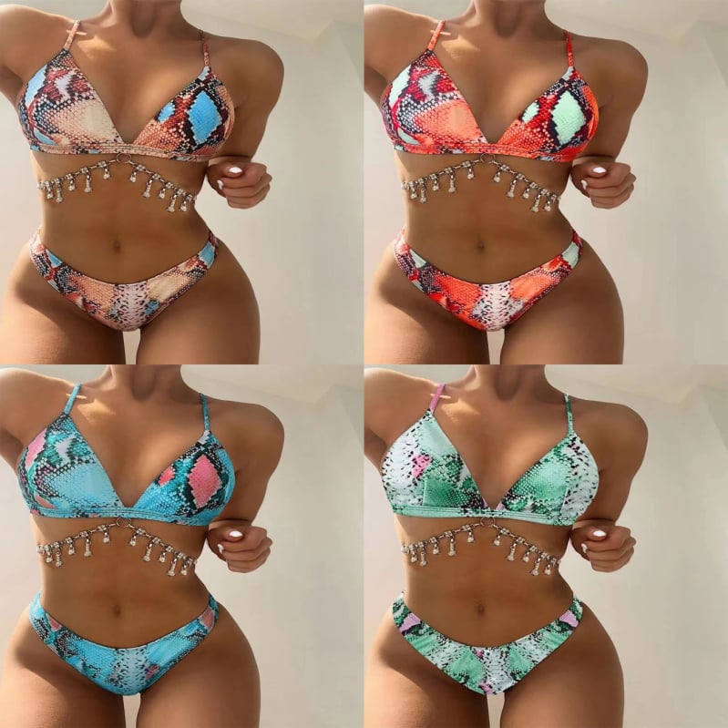 Bikini cu imprimeu piele de șarpe, sexy, două piese, cu bureți pentru bust, material din polyester, căptușeală spandex, greutate 380 g/m²