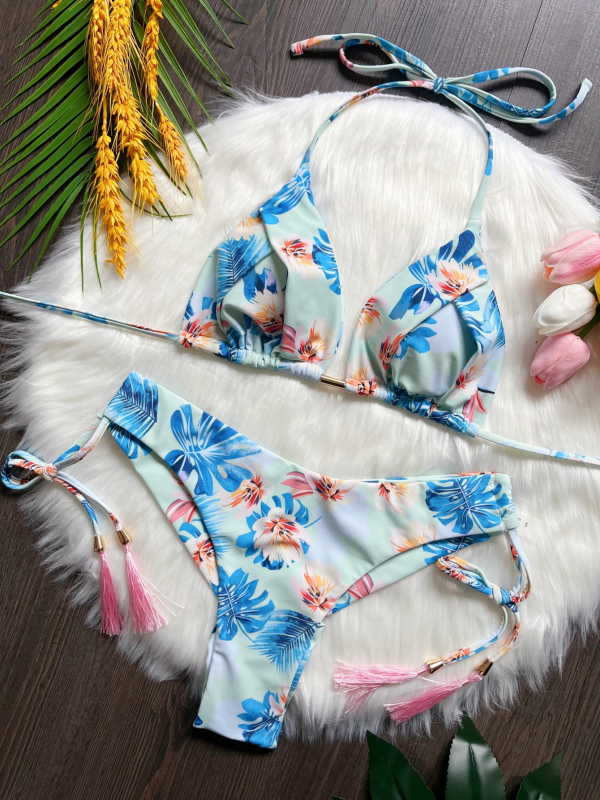 Női kétrészes bikini virágmintás, háromszög felső, gyorsan száradó poliészter, magas rugalmasság, belső párna