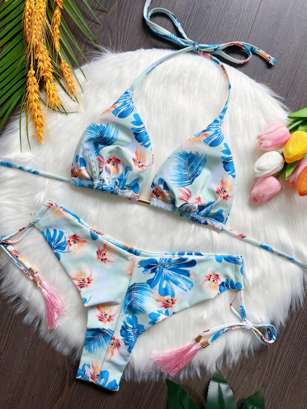 Női kétrészes bikini virágmintás, háromszög felső, gyorsan száradó poliészter, magas rugalmasság, belső párna