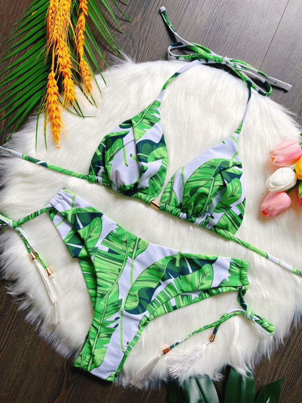 Női kétrészes bikini virágmintás, háromszög felső, gyorsan száradó poliészter, magas rugalmasság, belső párna