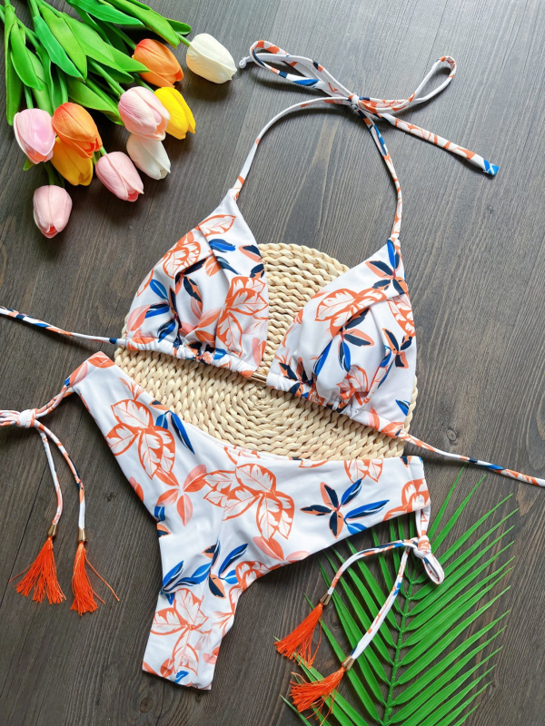 Női kétrészes bikini virágmintás, háromszög felső, gyorsan száradó poliészter, magas rugalmasság, belső párna