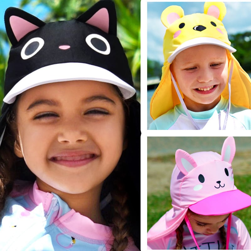 Pălărie de plajă pentru copii cu imprimeu desen animat – protecție solară, acoperire a gâtului, rezistență la vânt, poliester
